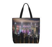 WOmeng Aerial Night Of View Hong Kong Print Unisex Stylish Tote Lightweight Shopping Bag Reusable Grocery Everyday Occasions
