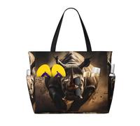 WOmeng angry rhino Print Foldable Beach Bag Convenience Tote Summer Vacation Picnic Camping Gym Daily Use