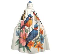 WOmeng Birds Flowers Butterfly Print Full Length Halloween Unisex Cloak Hooded Medieval Colors Costume Cosplay Party