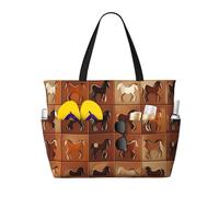 WOmeng Brown Horse Print Foldable Beach Bag Convenience Tote Summer Vacation Picnic Camping Gym Daily Use