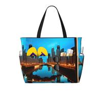 WOmeng Chicago Reflected Print Foldable Beach Bag Convenience Tote Summer Vacation Picnic Camping Gym Daily Use