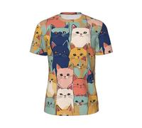 WOmeng Cute Cats in A Variety of Colors Print Men Fashionable Short-Sleeved T-Shirt Running Fitness Routines Summer Activities Black