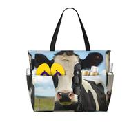 WOmeng Dairy Cow Print Foldable Beach Bag Convenience Tote Summer Vacation Picnic Camping Gym Daily Use
