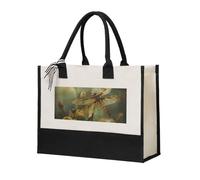 Womeng Dragonfly And Flower Print Eco-Friendly Canvas Tote Bag Large Capacity Daily Shopping Trips Weekend Getaways