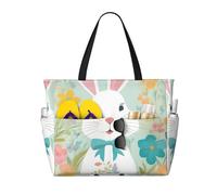 WOmeng Easter Bunny Floral Print Foldable Beach Bag Convenience Tote Summer Vacation Picnic Camping Gym Daily Use