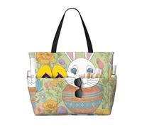 WOmeng Easter Bunny Floral Print Foldable Beach Bag Convenience Tote Summer Vacation Picnic Camping Gym Daily Use