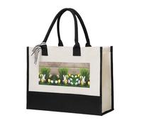 Womeng Easter Egg Bunny Grass Wooden Print Eco-Friendly Canvas Tote Bag Large Capacity Daily Shopping Trips Weekend Getaways