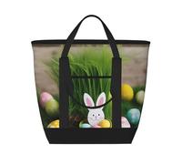 WOmeng Easter Egg Bunny Grass Woodenprint Tote Bag Large Capacity Insulated Waterproof Package Grocery Lunch Picnic Beach