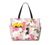 WOmeng Floral Flower Rose Pink Print Foldable Beach Bag Convenience Tote Summer Vacation Picnic Camping Gym Daily Use