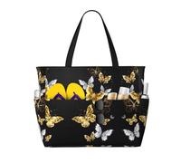 WOmeng Gold White Butterflies Black Print Foldable Beach Bag Convenience Tote Summer Vacation Picnic Camping Gym Daily Use