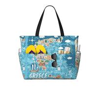 WOmeng Greece Map Print Foldable Beach Bag Convenience Tote Summer Vacation Picnic Camping Gym Daily Use