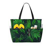 WOmeng Green Tropical Plant Print Foldable Beach Bag Convenience Tote Summer Vacation Picnic Camping Gym Daily Use
