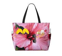 WOmeng Hawaii Pink Flower Print Foldable Beach Bag Convenience Tote Summer Vacation Picnic Camping Gym Daily Use