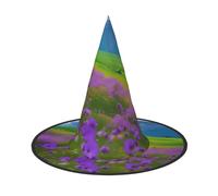 WOmeng Nature Purple Flowers Meadow Mountain Scenic Print Halloween Witch Hat Carnival Costume Accessory Foldable Lightweight Cap Festivals