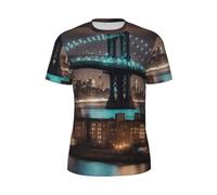 WOmeng New York Manhattan Bridge Night Print Men Fashionable Short-Sleeved T-Shirt Running Fitness Routines Summer Activities Black