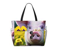 WOmeng Rape flower pig Print Foldable Beach Bag Convenience Tote Summer Vacation Picnic Camping Gym Daily Use