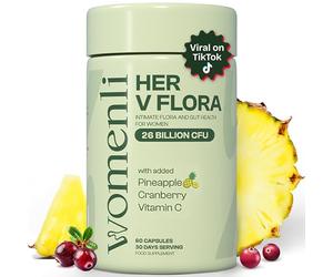 Womenli Her V Flora | Live Cultures for Intimate Flora | 26 Billion CFU with Cranberry, Vitamin C & Pineapple | Bio Cultures for Women | 30 Day Supply