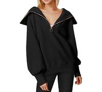 Womens 1/4 Zip Lapel Collar Sweatshirt Fashion Solid Sailor Collar Vertical Cotton Pullovers Ladies Oversized Quarter Zip Long Sleeve Jumper Tops Patchwork Sweatshirt Autumn Winter Streetwear