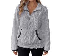 Womens 1/4 Zip Sweatshirts, Ladies Teddy Fleece Jumpers V Neck Pullover Plain Sweater Chunky Knitted Sweatshirt, Long Sleeve Tops Oversized Jumper with Pocket Blouses Comfy Shirts Holiday Activewear