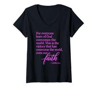 Women's 1 John 5:4 Faith Overcome Born of God Bible Verse Scripture V-Neck T-Shirt
