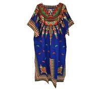 Womens 100% Cotton Long Kaftan Dress Summer Dashiki African Print One Size Loose Baggy Style Beach Cover (Blue)