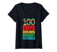 Women's 100 Days Building Bright Futures Blocks 100 Days of School V-Neck T-Shirt