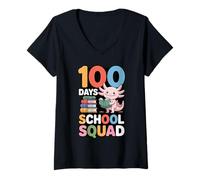 Women's 100 Days School Squad Cute Axolotl Reading V-Neck T-Shirt