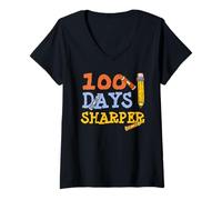 Womens 100 Days Sharper Crayon Pencil Design for Students & Teacher V-Neck T-Shirt