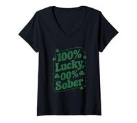 Women's 100% Lucky 00% Sober St Patricks Day Funny Shamrock V-Neck T-Shirt
