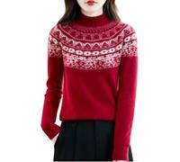 Women's 100% Merino Wool Seamless Jumper Mock Neck Fair Isle Sweate Long Sleeve Cashmere Knit Pullover Soft Thick Warm Fairisle Knitwear Layering Going Out Tops Burgundy Red Xs