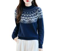 Women's 100% Merino Wool Seamless Jumper Mock Neck Fair Isle Sweate Long Sleeve Cashmere Knit Pullover Soft Thick Warm Fairisle Knitwear Layering Going Out Tops Navy Blue M