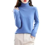 Womens 100% Merino Wool Turtleneck Sweater Long Sleeve Pullover Solid Soft Knitted Jumper Tops Blue L