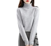 Womens 100% Merino Wool Turtleneck Sweater Long Sleeve Pullover Solid Soft Knitted Jumper Tops Light Gray9 L