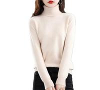 Womens 100% Merino Wool Turtleneck Sweater Long Sleeve Pullover Solid Soft Knitted Jumper Tops Milky Lighttan L