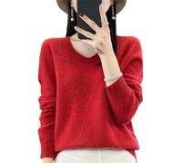 Womens 100% Merino Wool V Neck Sweater Long Sleeve Basic Jumper Lightweight Knitwear Tops Christmas Red XXL