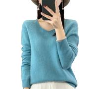 Womens 100% Merino Wool V Neck Sweater Long Sleeve Basic Jumper Lightweight Knitwear Tops Lake Blue L
