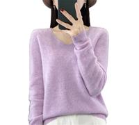 Womens 100% Merino Wool V Neck Sweater Long Sleeve Basic Jumper Lightweight Knitwear Tops Light Purple XL