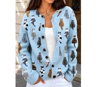 Women's 100% Nylon Light Blue Knit Cardigan Button Front Sweater Coat | all-over cat print nylon cardigan women, 100% nylon light blue knit sweater coat, vintage cute cat pattern layering cardigan