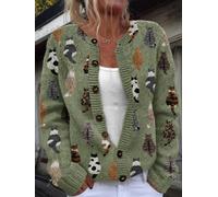 Women's 100% Nylon Olive Green Knit Cardigan Button Front Sweater Coat | all-over cat print nylon cardigan women, 100% nylon olive green knit sweater coat, vintage cute cat pattern layering cardigan