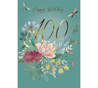 Womens 100th Milestone Birthday Card - Age 100 - Flowers and Dragonflies with Gold Foil Details - Eco-Friendly and Recyclable - by Paper House