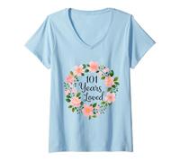 Womens 101 Years Loved Floral 101th Birthday Design for Mom Grandma V-Neck T-Shirt