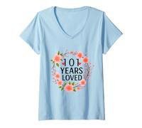 Womens 101 Years Loved Floral 101th Birthday Women 101 Years Old V-Neck T-Shirt