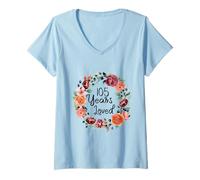 Womens 105 Years Loved 105th Birthday Floral Wreath Loved for Women V-Neck T-Shirt
