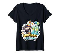 Women's 11 Year Old Birthday Ninja Boys Eleven 11th Party Eleventh V-Neck T-Shirt