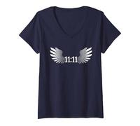 Women's 1111 Synchronicity Angel Number Manifestation Numerology Tee V-Neck T-Shirt, Navy Blue, Small