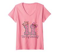 Women's 11th Birthday Girl Pink Leopard Bow Crown Cute 11 Years Old V-Neck T-Shirt