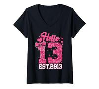 Women's 13th Birthday Girl Pink Coquette Bow Hello 13 Years Old Gift V-Neck T-Shirt