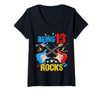 Womens 13th Birthday Rock Music Birthday Boy Musician Party Kids V-Neck T-Shirt