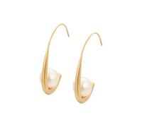Women's 14 Carat Gold C-Shape Earrings Round White Pearl Drop-Earrings
