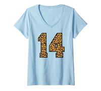 Womens 14 Number Leopard Fourteen Team Sports Varsity Matching V-Neck T-Shirt
